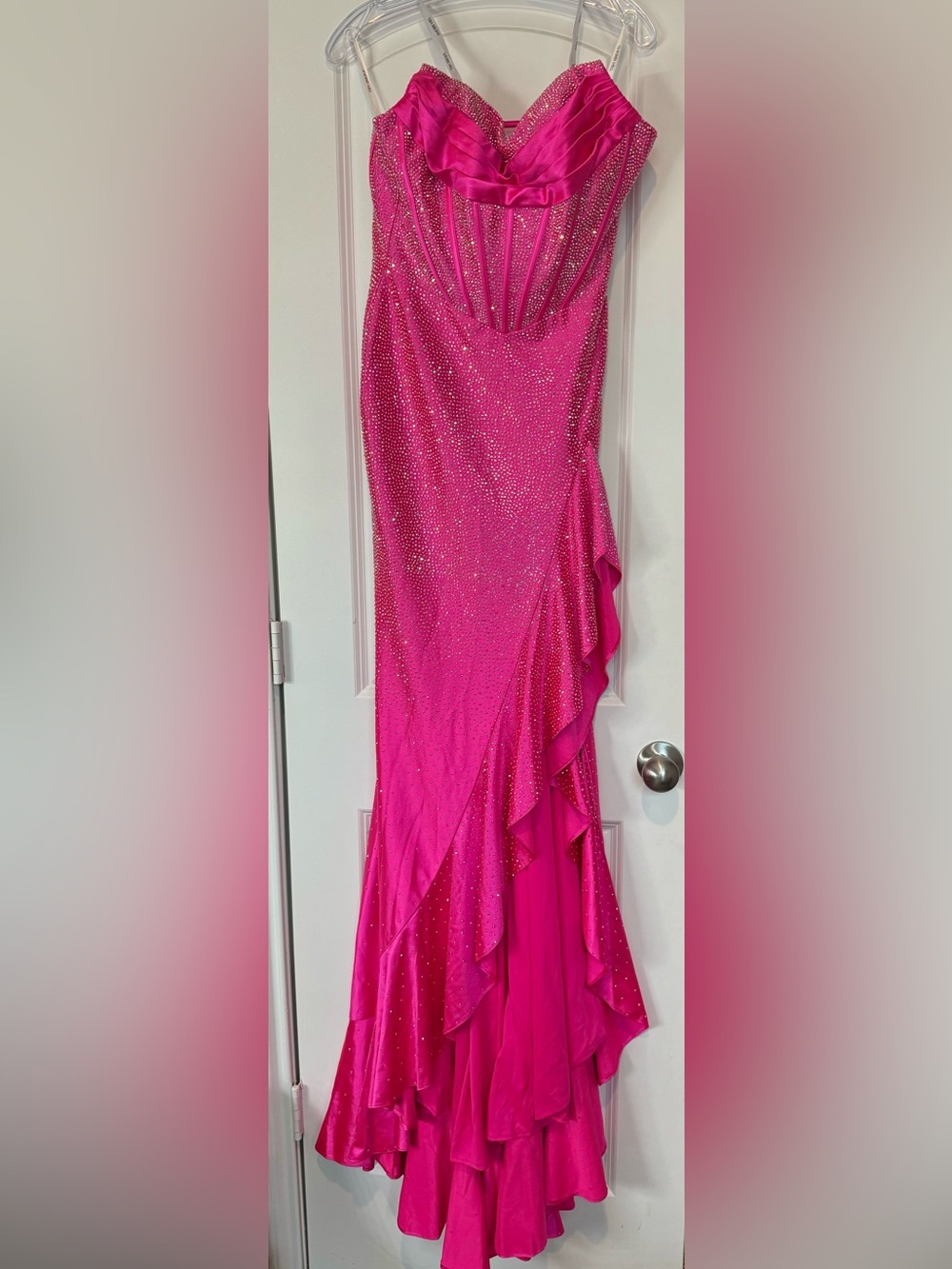 Sherri Hill Hot Pink Beaded Ruffled Prom Gown